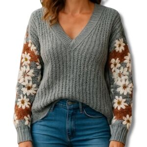 POL Gray V-Neck Sweater with Floral Sleeves